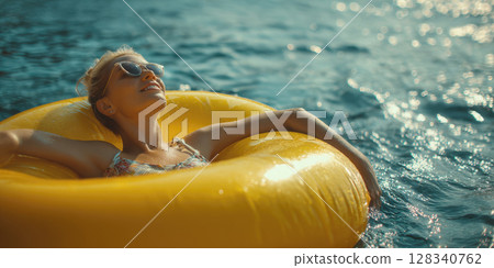 A beautiful woman, eyes closed in contentment, soaks up sun while floating effortlessly on yellow inflatable ring in sea water. Ideal for themes of summer relaxation, vacation, serene aquatic leisure 128340762