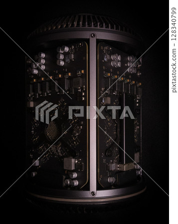 Electronic circuit board with processor and metal components, showing old computer technology in close-up Electronic circuit board with processor and metal components, showing old computer technology in close-up 128340799