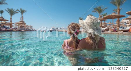 A heartwarming image of mother, her daughter enjoying peaceful swim in a resort pool, with clear blue water, tropical surroundings. Ideal for themes of family holidays, relaxation, summer vacation A heartwarming image of mother, her daughter enjoying peaceful swim in a resort pool, with clear blue water, tropical surroundings. Ideal for themes of family holidays, relaxation, summer vacation 128340817