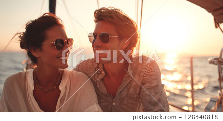 A radiant couple on a sailboat, enjoying the warm glow of sunset over the ocean, embodying themes of luxury travel, romance, and freedom on the open sea 128340818