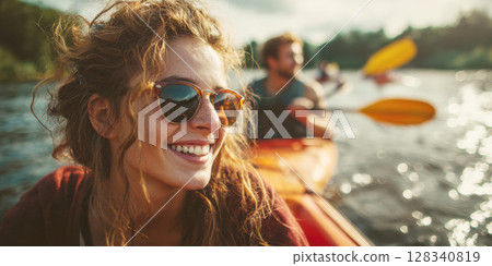 A cheerful duo, a woman and a man, are seen in a bright yellow kayak on sparkling water, holding paddles and smiling towards the camera. The scene captures the joy of outdoor activities, summer fun 128340819