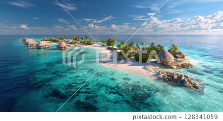 An breathtaking aerial view of luxurious tropical island resort with overwater bungalows, sand beaches, and crystal turquoise waters, perfect for themes of paradise, luxury travel, exotic vacations 128341059