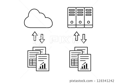 Icons for saving and retrieving data from the cloud or server 128341242