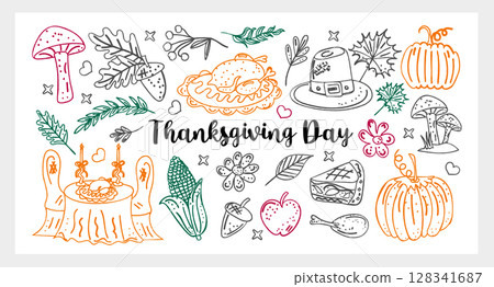 Whimsical Thanksgiving hand drawn vector set line art chalk and charcoal with pumpkins, turkey, pie, fall leaves and harvest doodles. Cozy seasonal collection for prints, cards and decoration. Whimsical Thanksgiving hand drawn vector set line art chalk and charcoal with pumpkins, turkey, pie, fall leaves and harvest doodles. Cozy seasonal collection for prints, cards and decoration. 128341687