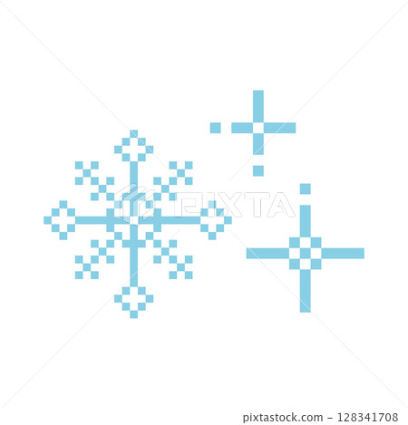Pixel snowflake winter retro pixilated 8 bit game stamp. Y2k snow, minimal and simple. Holiday flake ornament. Simple crystal ornament 128341708