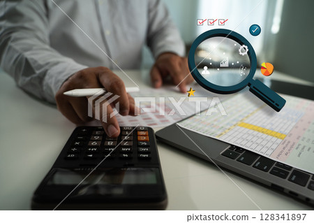 Testing critical of QA testing person using calculator and analyzing financial data with magnifying glass overlay showing graphs and charts 128341897