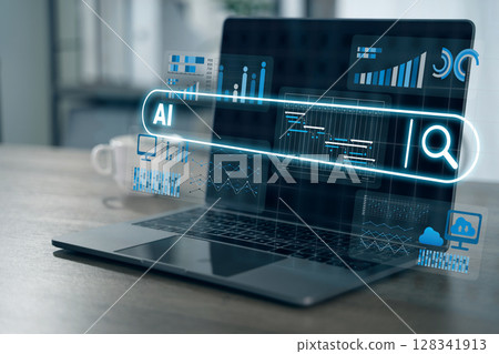 Business intelligence Digital data analysis and artificial intelligence concept with futuristic holographic interface laptop screen, showing Business intelligence Digital data analysis and artificial intelligence concept with futuristic holographic interface laptop screen, showing 128341913