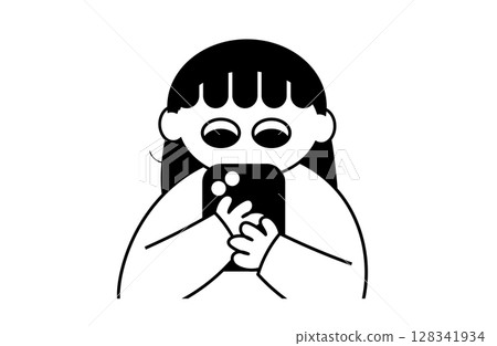 A simple illustration of a girl looking at a smartphone (black and white) A simple illustration of a girl looking at a smartphone (black and white) 128341934