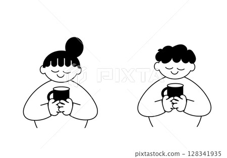 A simple illustration (black and white) of a man and woman smiling with hot drinks in hand A simple illustration (black and white) of a man and woman smiling with hot drinks in hand 128341935