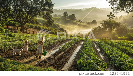 Children Happily Enjoying a Beautiful and Serene Morning in a Lush Farm Landscape Setting 128341951
