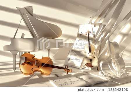 Aesthetically Pleasing Elegant Instruments Bathed in Soft Light Piano and Strings Arrangement 128342108
