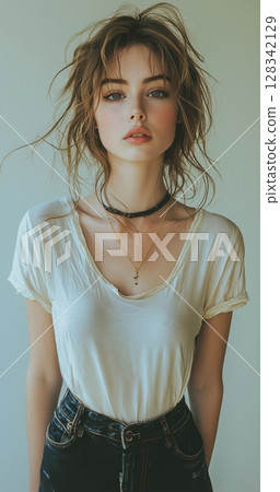 A Trendy Young Woman Seen in a Stylish Casual Outfit, Complemented by Chic Accessories 128342129