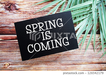 Spring Is Coming Motivational and Inspirational quotes on wooen background 128342179