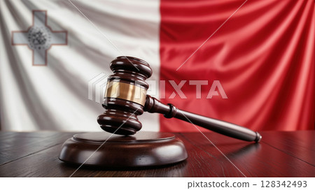Judge gavel with Malta flag in background, justice concept 128342493