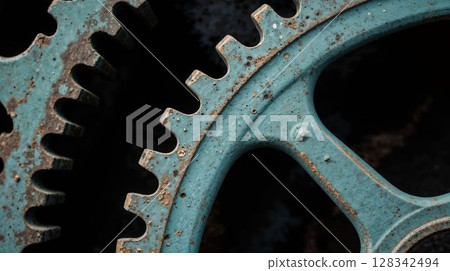 Rusty blue gears interlocking in vintage machine design 128342494