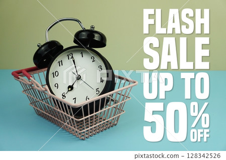 Flash Sale 50% with Alarm clock in shopping basket on blue and yellow background, business and shopping concept Flash Sale 50% with Alarm clock in shopping basket on blue and yellow background, business and shopping concept 128342526