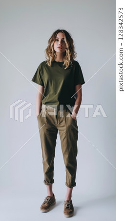 A Casual Fashion Model is showcasing a stylish Green Outfit combined with Rolled Trousers 128342573