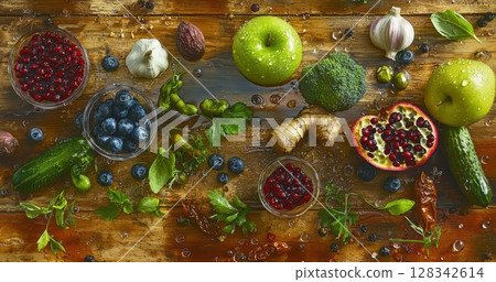 Fresh and Delicious Fruits as well as Colorful Vegetables Lying on Rustic Wooden Table 128342614