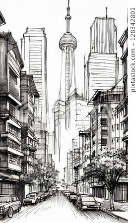Urban streetscape and landscape sketches 128342801