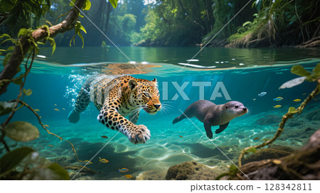 Jaguar on the hunt. A jaguar underwater hunting a river otter.  128342811