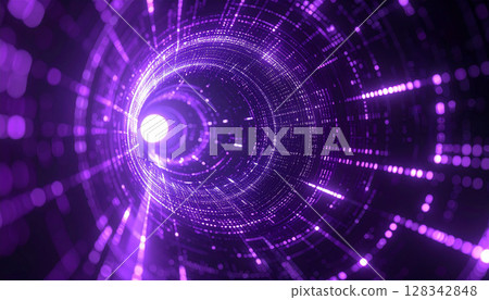 Purple cyber tunnel with swirling digital particles 128342848