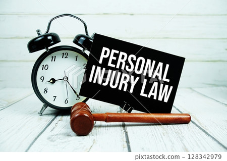 Personal Injury Law text on paper card with alarm clock and wooden judge gavel on wooden background Personal Injury Law text on paper card with alarm clock and wooden judge gavel on wooden background 128342979