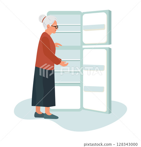 Elderly woman with gray hair looking into open refrigerator with empty shelves 128343000