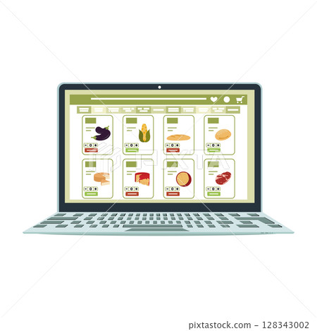 Online grocery shopping app interface on laptop screen for convenient food selection and purchase 128343002