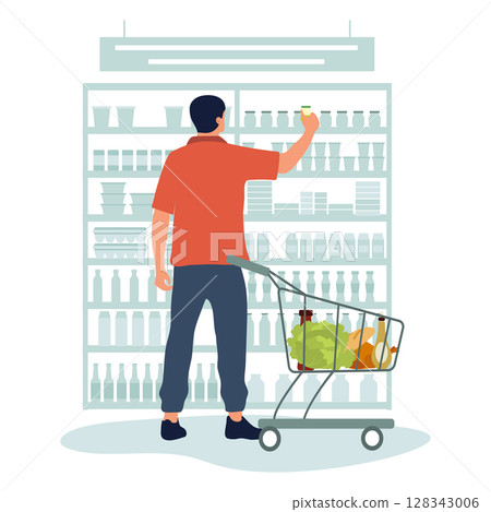 Man shopping in supermarket choosing product with cart full of groceries viewed from the back Man shopping in supermarket choosing product with cart full of groceries viewed from the back 128343006