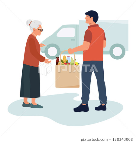 Grocery delivery to elderly woman by young man in casual clothing with delivery van in background 128343008