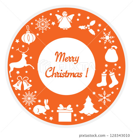 Christmas card with white festive icons in circular design on orange background 128343010
