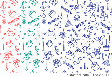 Christmas seamless pattern with festive elements like gifts, stockings, and reindeer illustration 128343014