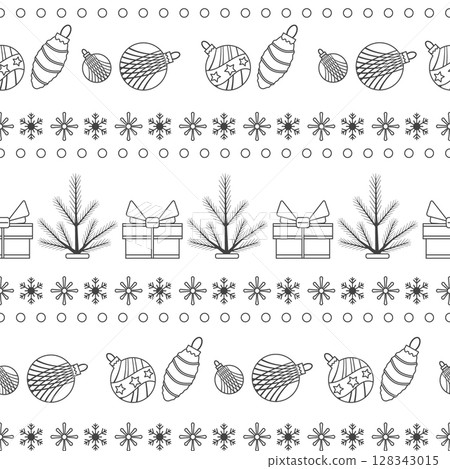 Christmas pattern with ornaments, gifts, and snowflakes in black and white, suitable as background Christmas pattern with ornaments, gifts, and snowflakes in black and white, suitable as background 128343015