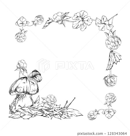 Bolete cep mushroom with snail on top of fallen autumn leaves pile, cloudberry berries twigs. Square corner frame hand drawn in vector ink. Fungus forest harvest. Calendar elements, cards labels tags Bolete cep mushroom with snail on top of fallen autumn leaves pile, cloudberry berries twigs. Square corner frame hand drawn in vector ink. Fungus forest harvest. Calendar elements, cards labels tags 128343064
