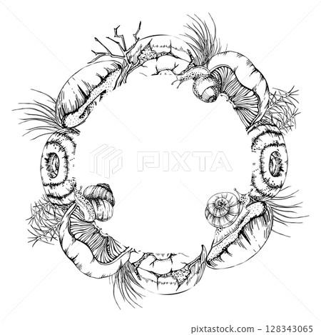 Bolete cep russula suillus mushroom fungi with horsetail plant stalks, twigs grass blades undergrowth. Copy space wreath frame hand drawn in vector ink. Menu list accents, home preserves labels tags 128343065