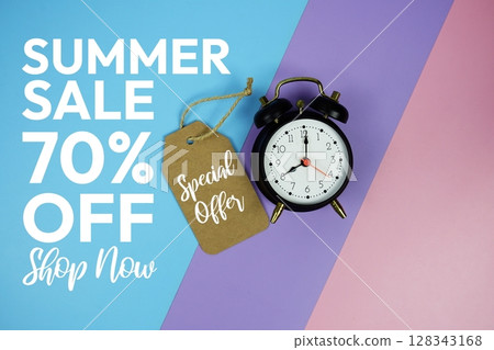 Summer Sale 70% off text with Price Tag and alarm clock on pink, purple, blue geometric background Summer Sale 70% off text with Price Tag and alarm clock on pink, purple, blue geometric background 128343168