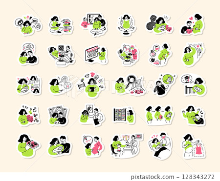 Cartoon Color Pregnancy Different Scenes Concept Sticker Set Flat Design Style with Elements Thin Line. Vector illustration of badge 128343272