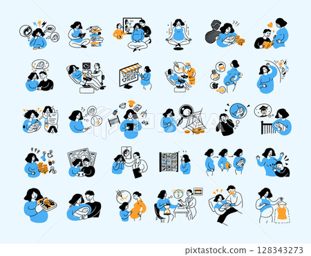 Cartoon Color Pregnancy Different Scenes Concept Set Flat Design Style with Elements Thin Line. Vector illustration 128343273