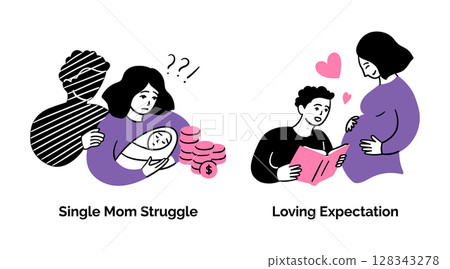 Cartoon Color Pregnancy Scenes Concept Set Single Mom Struggle and Loving Expectation Flat Design Style. Vector illustration 128343278