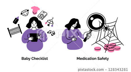 Cartoon Color Pregnancy Scenes Concept Set Baby Checklist and Medication Safety Flat Design Style with Elements Thin Line. Vector illustration Cartoon Color Pregnancy Scenes Concept Set Baby Checklist and Medication Safety Flat Design Style with Elements Thin Line. Vector illustration 128343281
