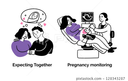 Cartoon Color Pregnancy Scenes Concept Set Expecting Together and Monitoring Flat Design Style with Elements Thin Line. Vector illustration Cartoon Color Pregnancy Scenes Concept Set Expecting Together and Monitoring Flat Design Style with Elements Thin Line. Vector illustration 128343287