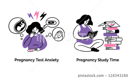Cartoon Color Pregnancy Scenes Concept Set Test Anxiety and Study Time Flat Design Style with Elements Thin Line. Vector illustration Cartoon Color Pregnancy Scenes Concept Set Test Anxiety and Study Time Flat Design Style with Elements Thin Line. Vector illustration 128343288