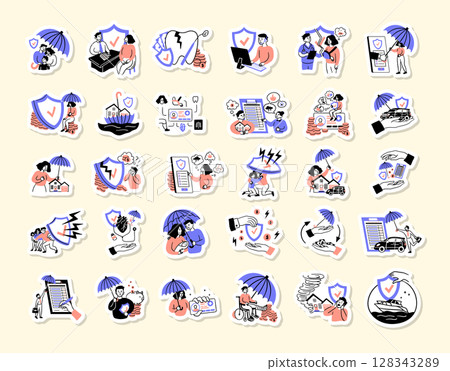 Cartoon Color Insurance Service Different Scenes Concept Sticker Set Flat Design Style with Elements Thin Line. Vector illustration Cartoon Color Insurance Service Different Scenes Concept Sticker Set Flat Design Style with Elements Thin Line. Vector illustration 128343289