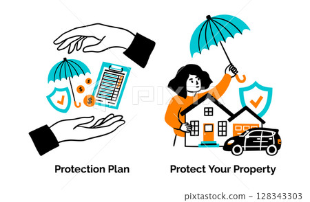 Cartoon Color Insurance Service Scenes Concept Set Protection Plan and Protect Your Property Flat Design Style. Vector illustration 128343303
