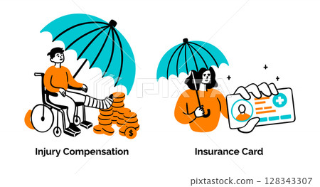 Cartoon Color Insurance Service Scenes Concept Set Injury Compensation and Insurance Card Flat Design Style. Vector illustration 128343307
