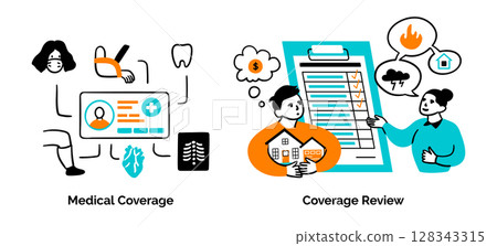 Cartoon Color Insurance Service Scenes Concept Set Coverage Review and Medical Cover Flat Design Style. Vector illustration 128343315