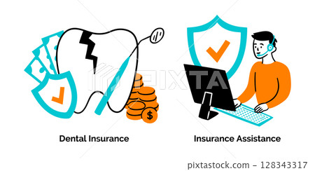 Cartoon Color Insurance Service Scenes Concept Set Assistance and Dental Insurance Flat Design Style. Vector illustration Cartoon Color Insurance Service Scenes Concept Set Assistance and Dental Insurance Flat Design Style. Vector illustration 128343317