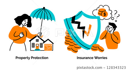 Cartoon Color Insurance Service Scenes Concept Set Property Protection and Insurance Worries Flat Design Style. Vector illustration Cartoon Color Insurance Service Scenes Concept Set Property Protection and Insurance Worries Flat Design Style. Vector illustration 128343323