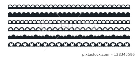 Lace border with scallop edge and pattern trim for vector frame or crochet embroidery. Black design on white background. Seamless traditional divider. 128343596