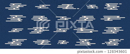 A set of Japanese or Asian style clouds on a blue abstract grunge background. Vector rough elements of Chinese ornamentation for simple ethnic decor or themed illustrations. A set of Japanese or Asian style clouds on a blue abstract grunge background. Vector rough elements of Chinese ornamentation for simple ethnic decor or themed illustrations. 128343601